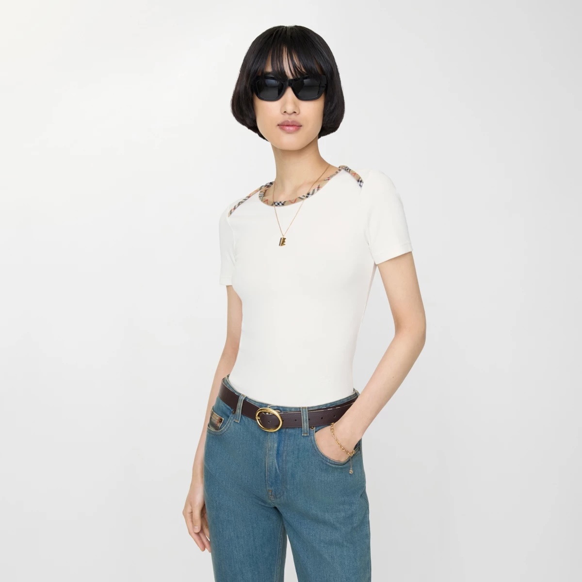 burberry check trim stretch cotton knit t-shirt